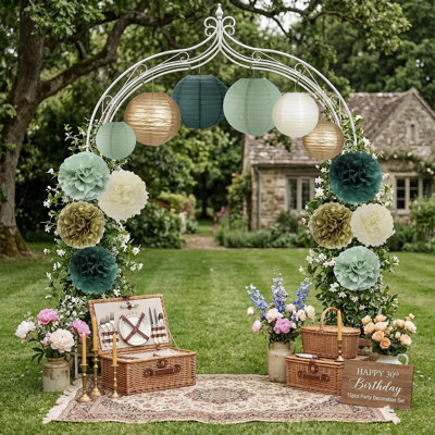 Ensemble de 30 décorations de fête en papier vert or blanc sauge, lanternes en papier nid d'abeille de 8 po et 10 po pour l'anniversaire de la fête nuptiale