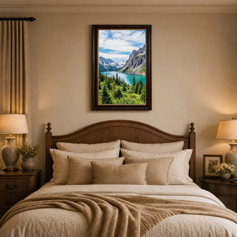 «Turquoise Lake and Pine Trees with Mountain Waterfall», art mural, H 24 po x l 16 po