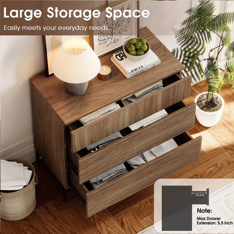 Union Rustic Modern Wood 3-Drawer Dresser With Reeded Design, Minimalist Dresser Organizer Storage For Bedroom,Living Room, Entryway