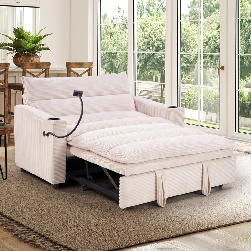 56.3'' Wide Modern 3-In-1 Convertible Sleeper Sofa Bed With Phone Holder And Cup Holders, Beige