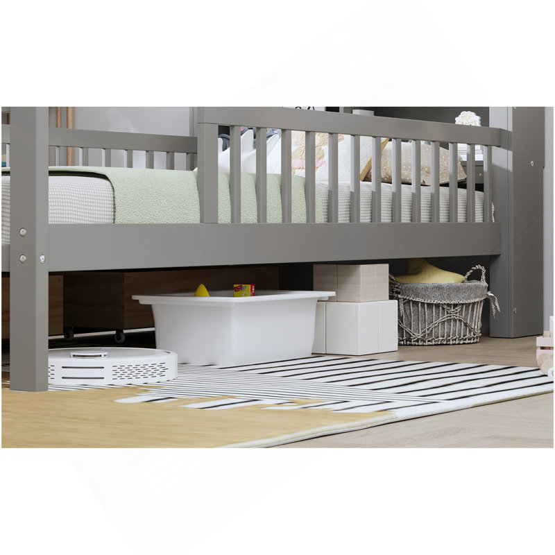 Lit simple avec support de tête de lit, deux tiroirs sous le lit, garde-corps à trois côtés pour plus de sécurité, gris, Gris
