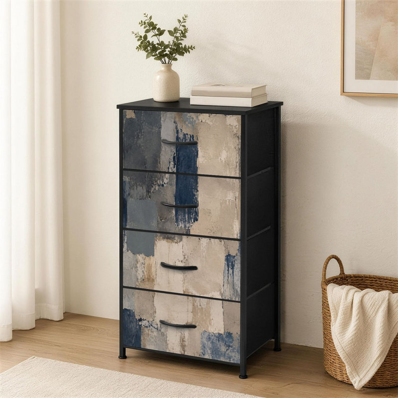 Commode à 4 tiroirs pour chambre à coucher, art mural abstrait bleu marine, gris, beige, blocs de béton superposés