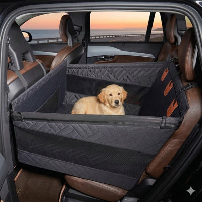 Système de siège d'auto canin surdimensionné comprenant une extension de siège arrière pour chiens, une housse de siège imperméable de taille moyenne pour le compartiment arrière, un lit de voyage pour animaux de compagnie avec configuration hamac, de couleur noire, de grande taille.