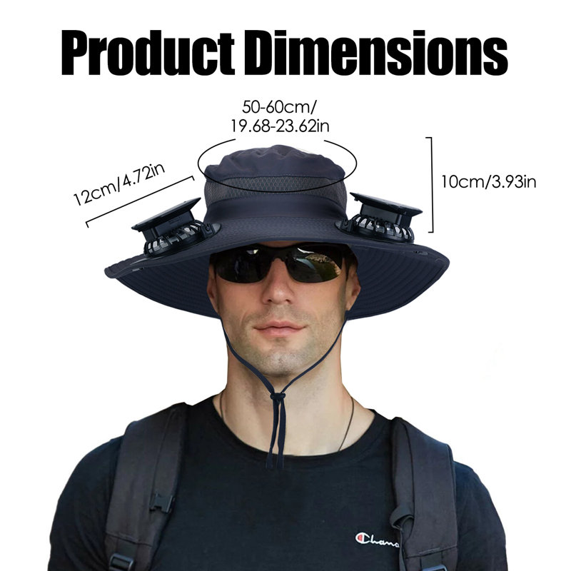 Chapeau de soleil à large bord avec 2 ventilateurs rechargeables - à énergie solaire, UPF50 +, 3 vitesses, Noir