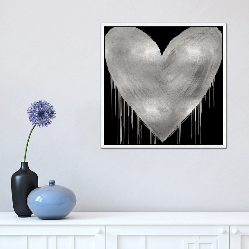 Big Hearted Silver On Black by Lindsay Rodgers - Print on Canvas, 45.72cm H x 45.72cm W x 3.81cm D, White Framed