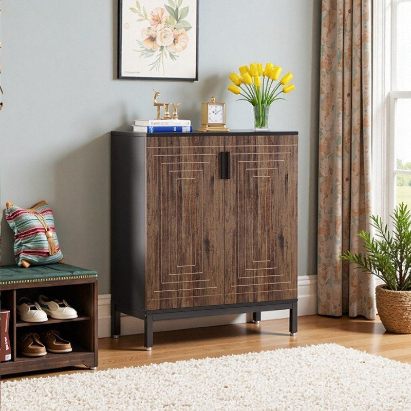 Geometric Shoe Cabinet Entryway Storage With 5 Adjustable Tiers, Brown+Black