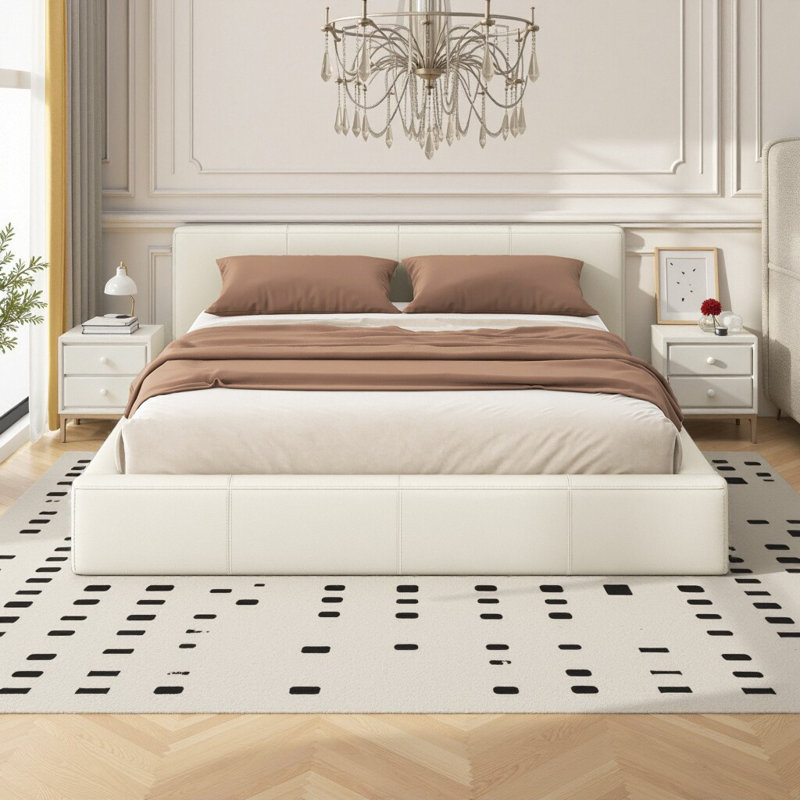 Lit plateforme tapissier beige moderne avec revêtement en similicuir et structure en bois d'ingénierie - tailles double, grand, très grand - aucun sommier requis pour le support du matelas