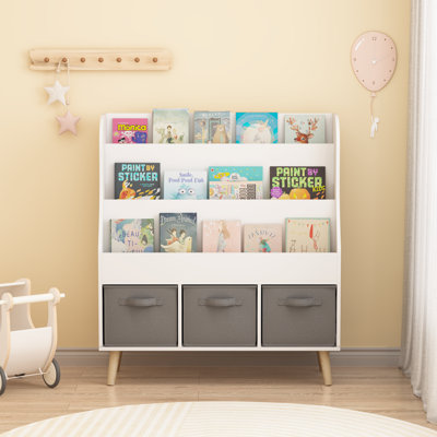 Kids Bookshelf with 3 Fabric Storage Bins, White Wooden Book Display Organizer for Toddlers and Children, Front-Facing Book Rack with Pine Legs for Pl