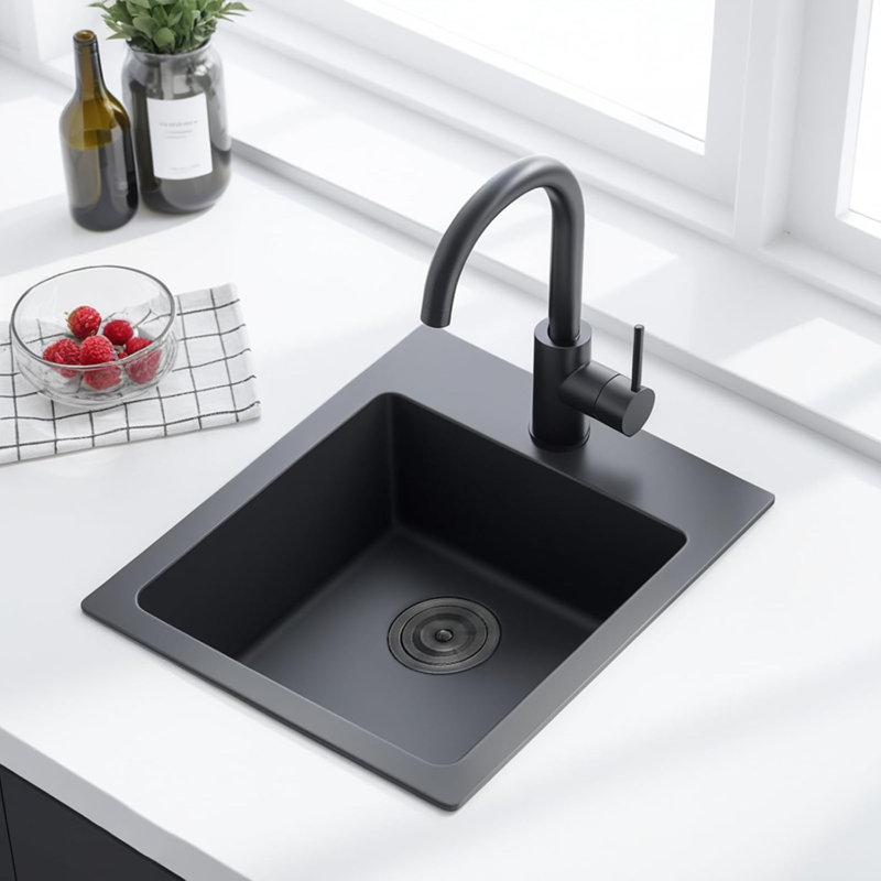 Évier de bar en acier inoxydable fait à la main 15 po x 17 po avec grille et drain, Noir mat
