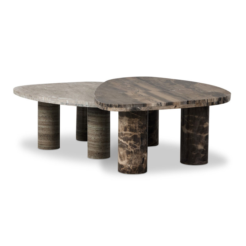 Ensemble de tables basses Zion - marbre brun Rocky, Marbre blanc antique / marbre brun Rocky, Brun / Blanc