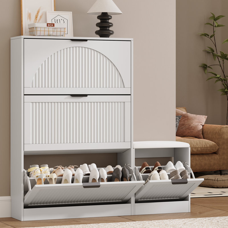 Meuble à chaussures de 124 cm de large pour 24 paires, avec 3 tiroirs à charnières et banc à chaussures, White