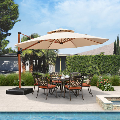 13 FT Round Wood Pattern Cantilever Umbrella,Beige