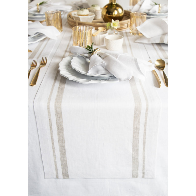 French Stripe - 100% Pure Linen Table Runner, Natural/White, 60" x 14"