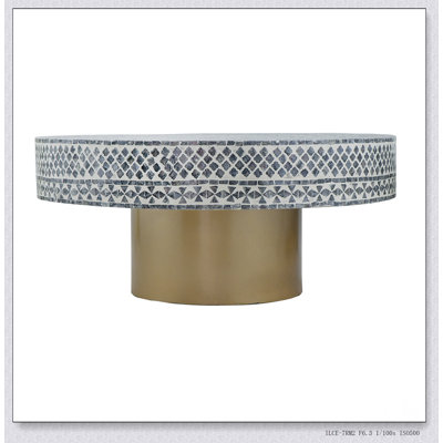35X35x16 Unique Gray Black Ivory Capiz Coffee Table With Graphic Inlay And Gold Pedestal Base