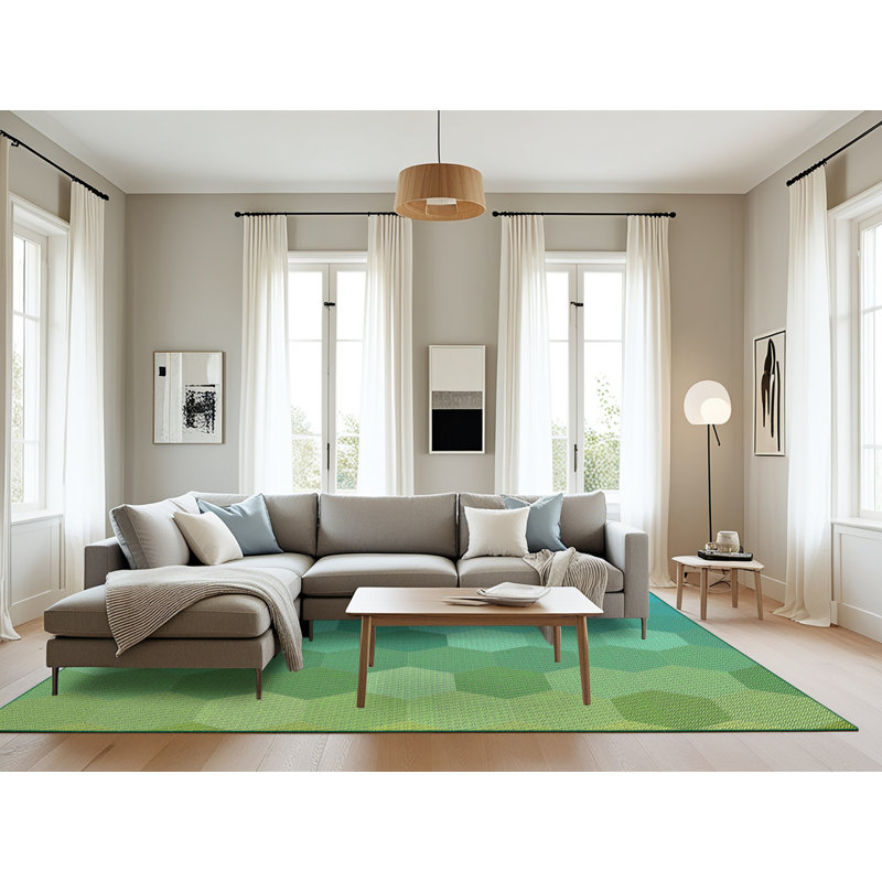 Tapis vert/jaune à motifs, Rectangle 8 pi x 10 pi