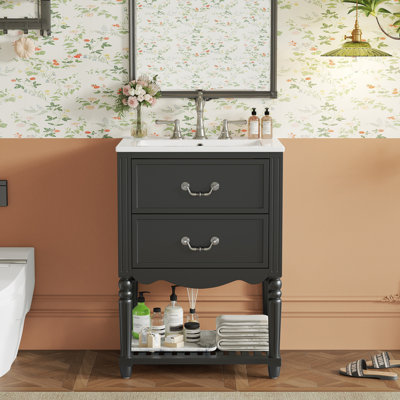 24'' Single Bathroom Vanity With Ceramic Sink & Top, Modern Bathroom Storage Cabinet With 2 Soft Closing Drawers And An Open Shelf, Bath Vanity With Vintage Elegant Wave Design, Black