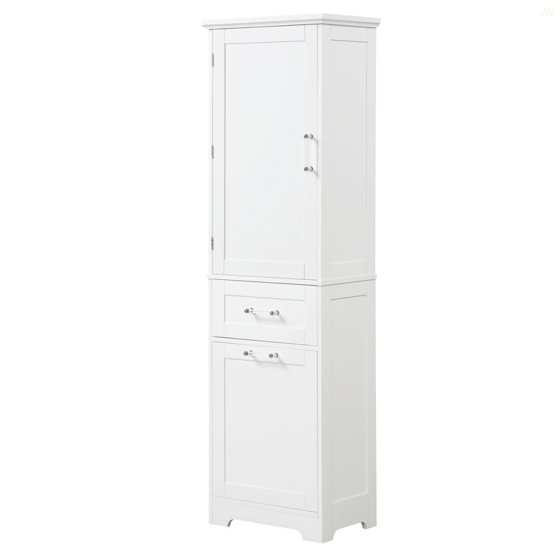 Grande armoire de rangement pour salle de bain, armoire de rangement autoportante avec deux tiroirs de tailles différentes et tablette réglable, panneau de fibres à densité moyenne avec finition peinte