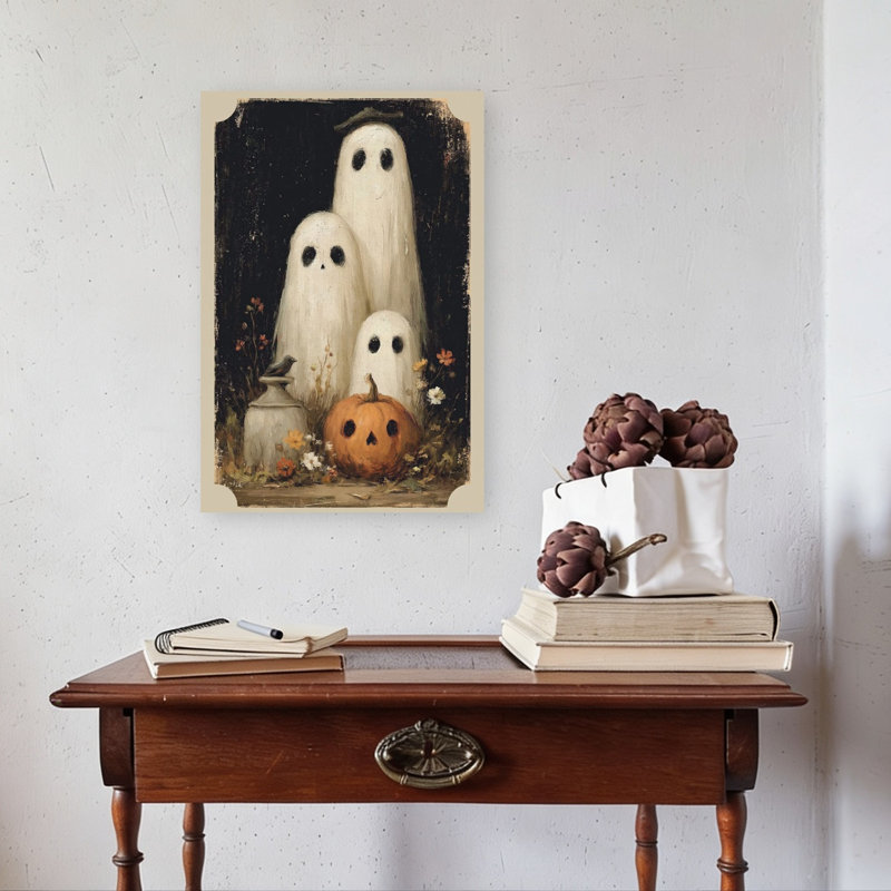 Affiche murale fantaisiste représentant une famille de fantômes rustique et vintage avec des oiseaux et des fleurs d'automne