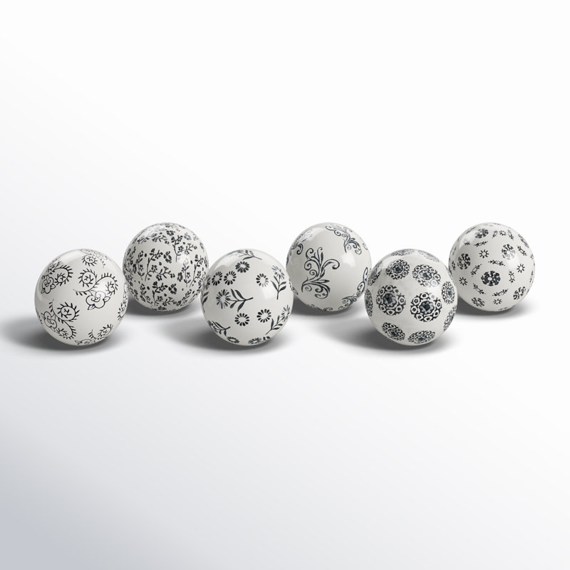 Cole And Grey Ceramic Handmade Glossy Decorative Ball Floral Orbs & Vase Filler With Black Floral And Scroll Patterns