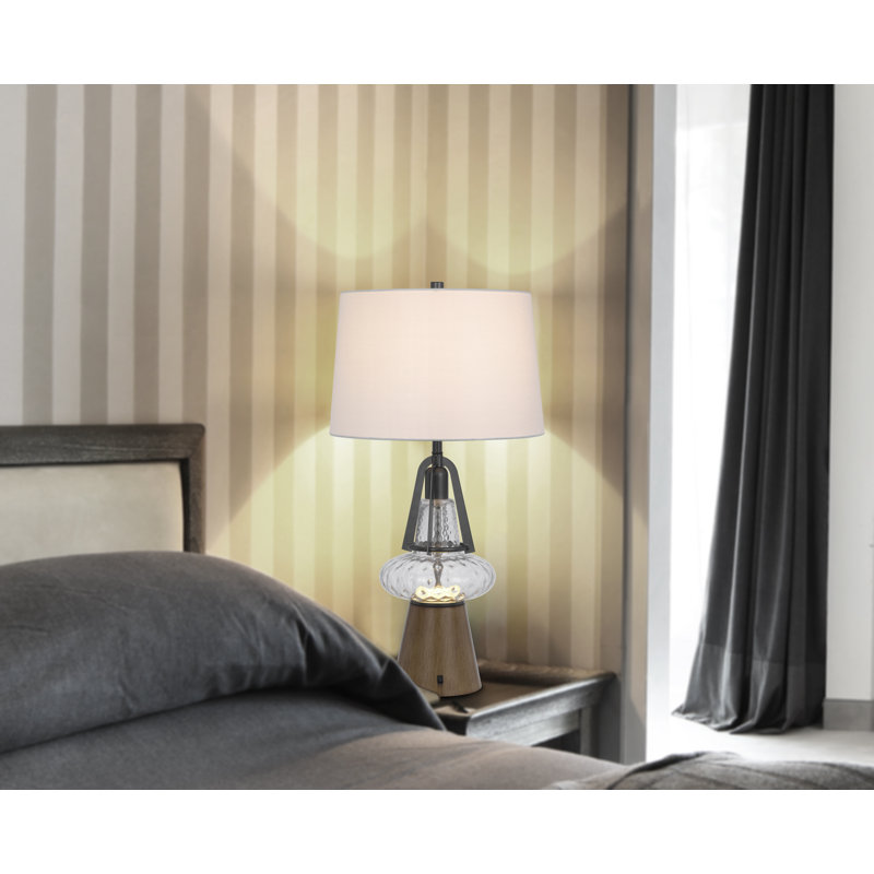 Leya Table Lamp, Lantern Style Glass Base, White Fabric Shade