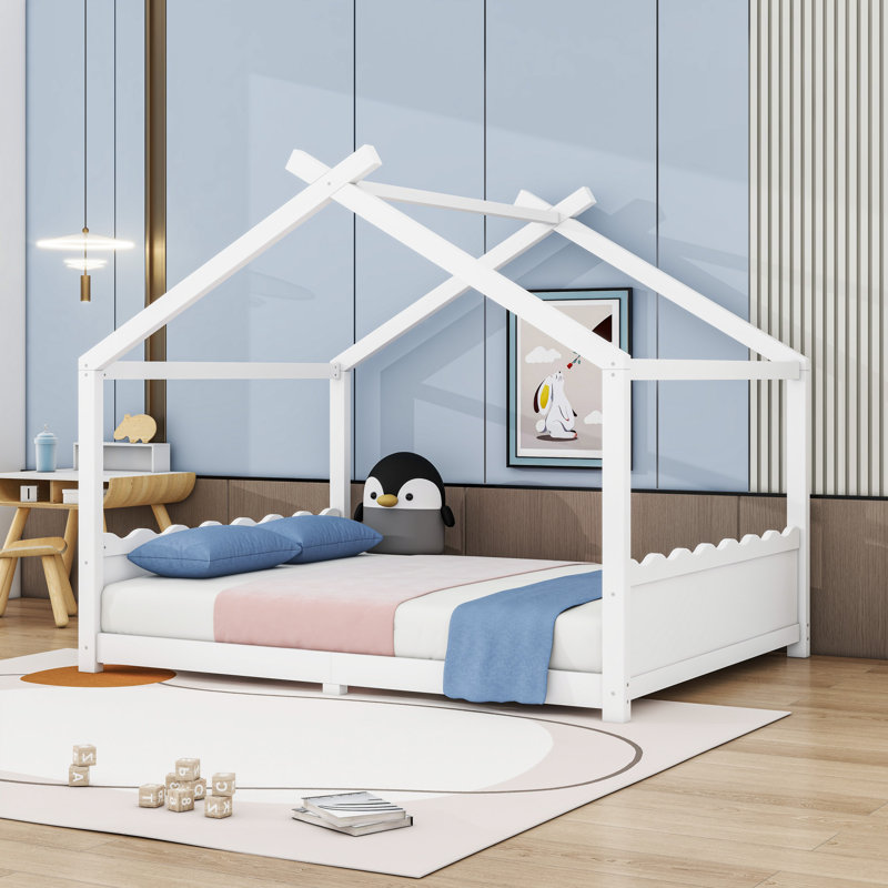 Wood House Floor Bed With Slats, White, Queen