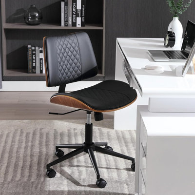Home Office Chair No Arms With Wheels, Adjustable Height Small Desk Chair, PU Leather Mid Back 360 Swivel Computer Chair, Armless Modern Walnut Chair
