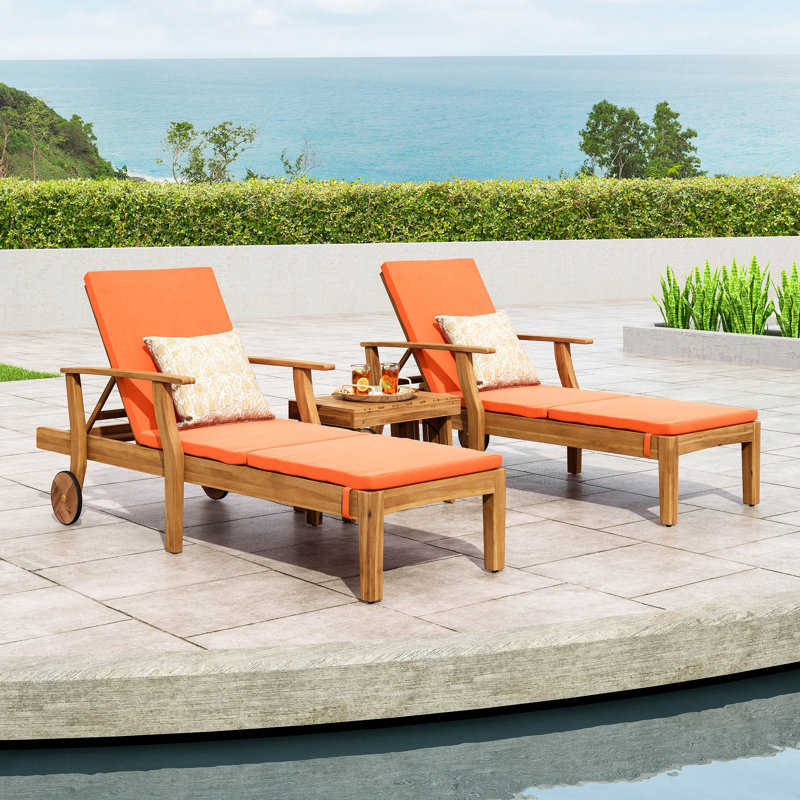 Sonntag Outdoor Acacia Wood Chaise Lounge with Table , Cushion Included, Orange