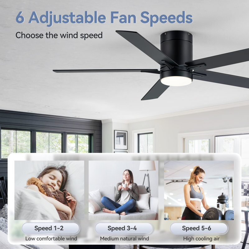 Jayceyon 52'' Large Flush Mount Ceiling Fan With Led Lights and Remote, Quiet Reversible DC Motor, 5 wood Blades Low Profile, Timer, for Indoor/Covered Outdoor Use