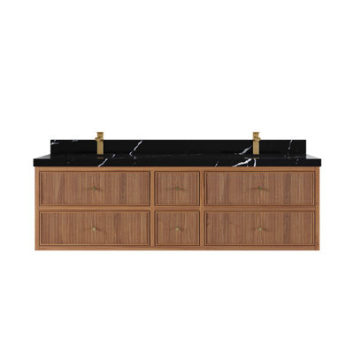 Sonoma Solid Floating Teak 72 In. W X 22 In. D Double Sink Bathroom Vanity In Dark Natural With 2 In. Calacatta Black Quartz -  Willow Collections, SON_TK_FLT_DNT_CA_BK_72D