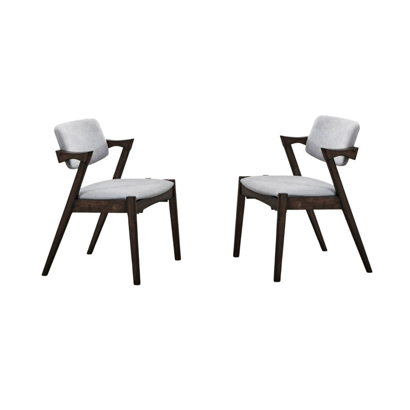 Chaises de salle à manger de style moderne Mid-Century Brookdale 2 pièces, bois d'hévéa noyer massif, coussin de siège rembourré en tissu, fabrication en bois de sièges contemporains, chaise chic