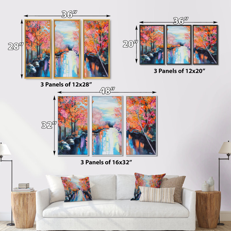 «Orange Autumn Forest By The River - Lake House», ensemble de 3 toiles encadrées, H 28 po x l 36 po, Noir