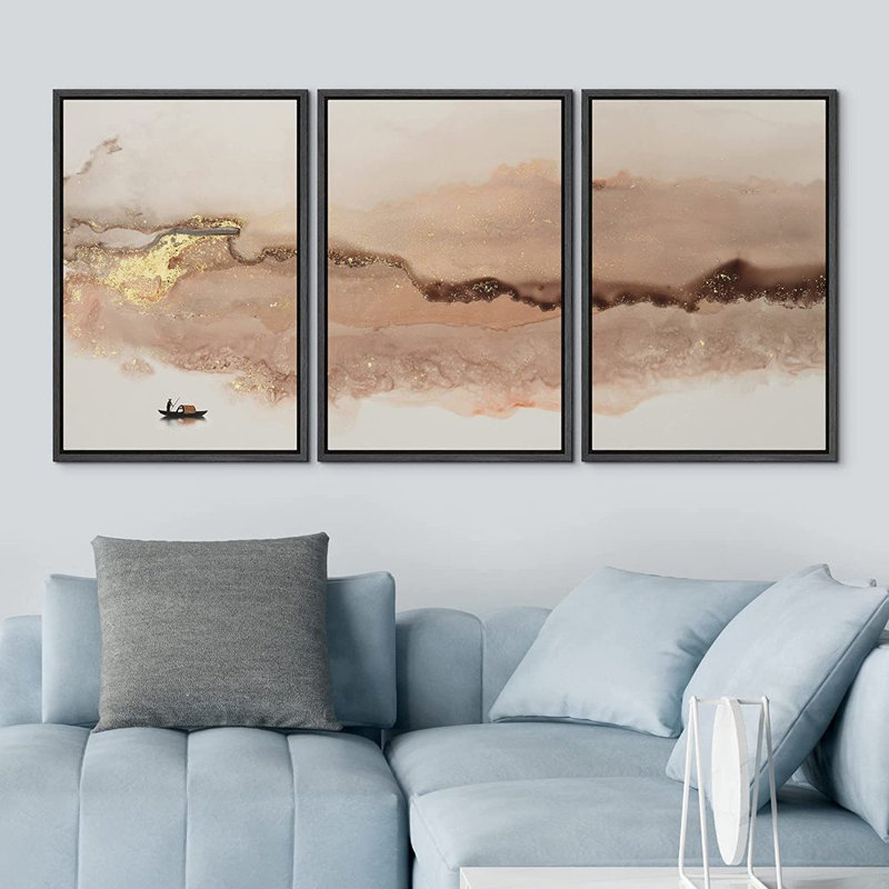 «Abstract Landscape Abstract Mountain Ocean», peinture sur toile flottante 3 pièces, Cadre noir, H 24 po x l 48 po