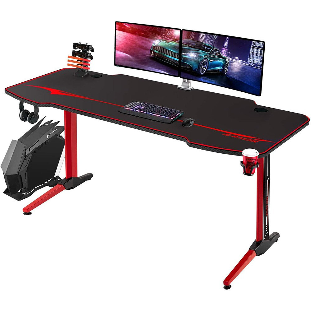 63'' Ergonomic Computer Desk with Mouse Pad, Gaming Desk with Gamepad  Bracket, Cup Holder