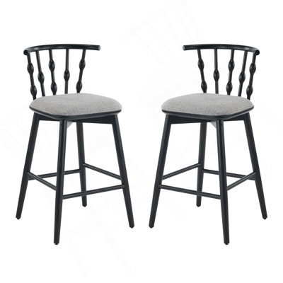 Tabouret de bar d'intérieur en bois Doria, finition noire avec revêtement gris, ensemble de 2