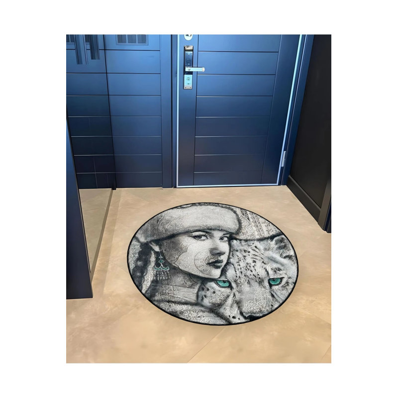 Black And Beige Woven Carpet With A Woman's Face And Blue-Eyed Tiger Detail, Round 2'8"