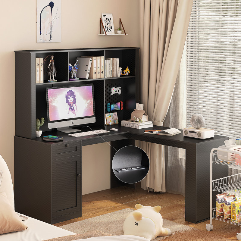 L Shaped Desk With Charger,Computer Desk With Drawers,Bookshelf & Hutchwith LED Light, Black