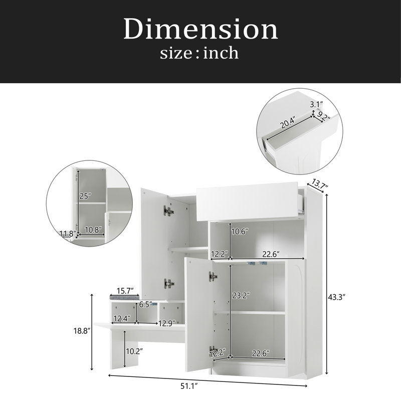 Élégant range-chaussures 2-en-1 avec coussin moelleux, banc de rangement moderne avec portes arquées et dispositifs de rebond, range-chaussures polyvalent avec tablettes réglables pour le couloir et le salon