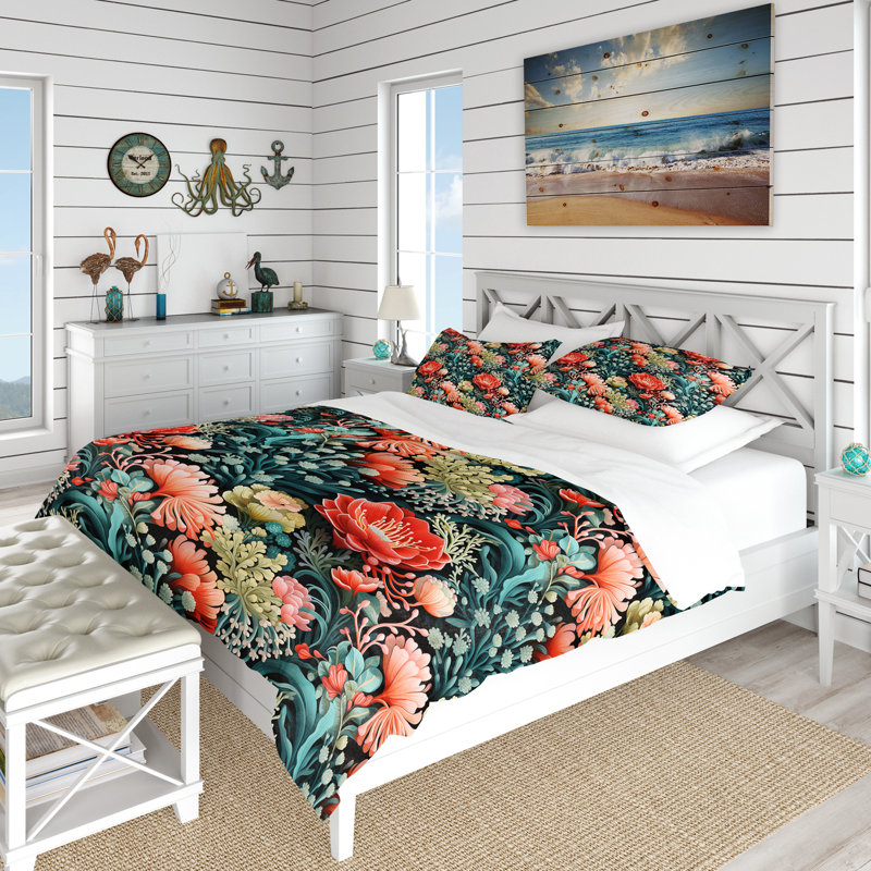 Ensemble de housse de couette Coral Reef Corals Coastal Pattern, Housse de couette pour très grand lit et 2 très