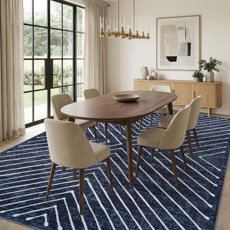9'x12' Extra Large Geometric Area Rug, Non-Slip, Stain Resistant, Low Pile Modern Carpet for Living Room & Dining Room, Blue