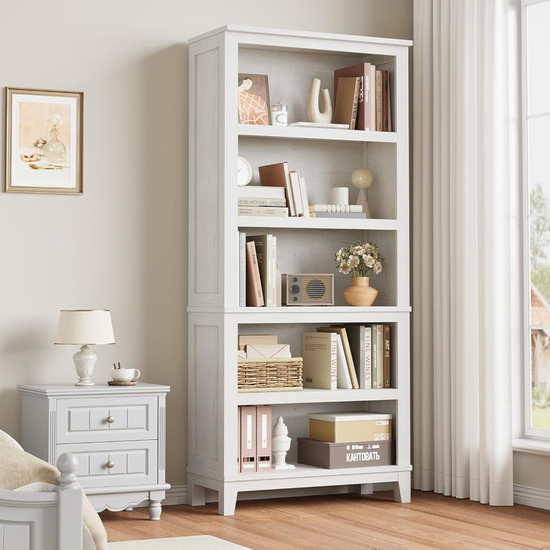 71" Farmhouse Bookcase with Adjustable Shelves - Rustic 5-Tier Bookshelf for Living Room, Office & Library, 31.5" Wide, White