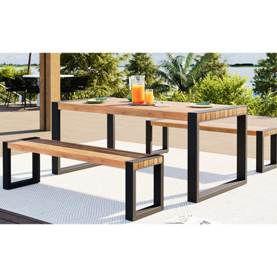 3 repas d'extérieur avec plateau en bois et pieds en acier, pour divers climats, banc de table de patio: bois, acier, finition rouille