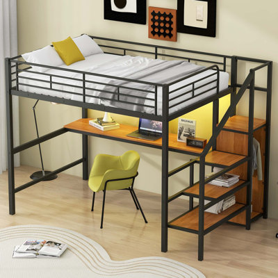 Lit mezzanine en métal avec bureau, escalier de rangement, petite armoire et DEL