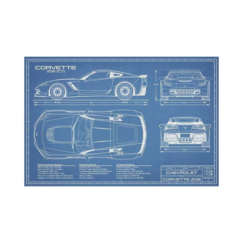 Corvette (C7) Z06 Blueprint - reproduction de dessin sur toile, H 8 po x l 12 po x P 0,75 po, Toile tendue, Pas de tapis