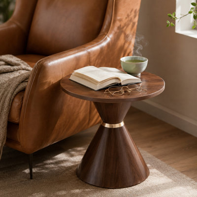 Ensemble de tables basses rondes 2 pièces à la mode, comptoir texturé en noyer avec base en métal stable, table d'appoint facile à nettoyer dans le salon et la chambre à coucher, brun noisette