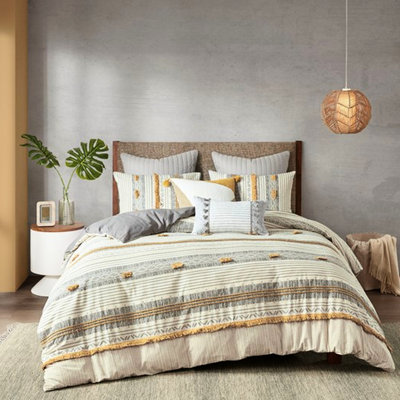 Housse de couette King/King en coton à rayures, 3 pièces, grise et jaune, grande capacité, compatible laveuse/sécheuse