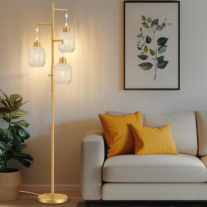 Dimmable Boho Floor Lamp With Rattan Design - 3-Light Farmhouse Style LED Floor Lamp For Living Room, Bedroom, Office - Industrial Tree Floor Lamp With Stepless Dimming And Included Bulbs