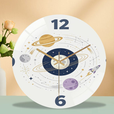 12-Inch Silent Tempered Glass Wall Clock, " Space Clock Planets ” Silent Non-Ticking Clock, Battery Operated (AA Batteries Not Included), Artistic Home Decor