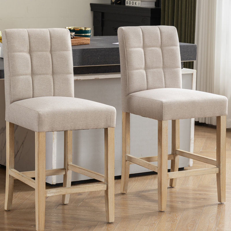 Tabouret de bar moderne à hauteur de comptoir avec dossier, tabouret de bar en bois massif recouvert de lin beige de 25,2 po de hauteur pour îlot de cuisine