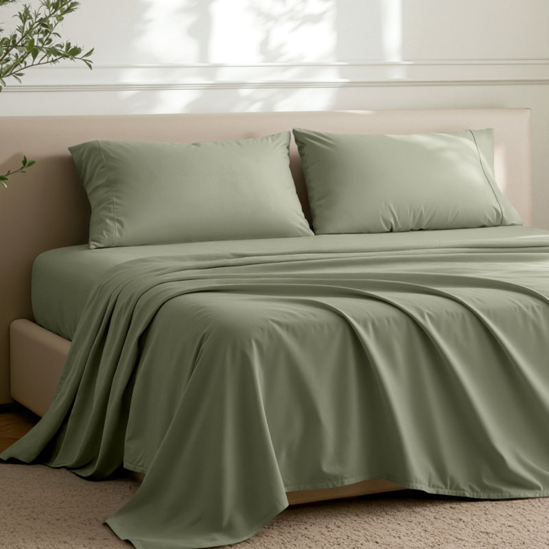 Ensemble de draps en microfibre avec taies d'oreiller, Sauge, Ensemble de draps pour lit double avec 2 taies d'o