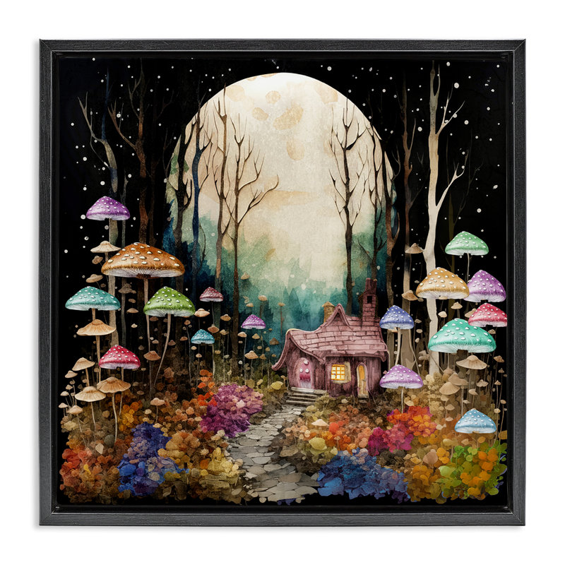«Quirky Mushroom Forest», art mural sur toile flottante par Sasha, H 18 po x l 18 po, Cadre flottant noir de jais